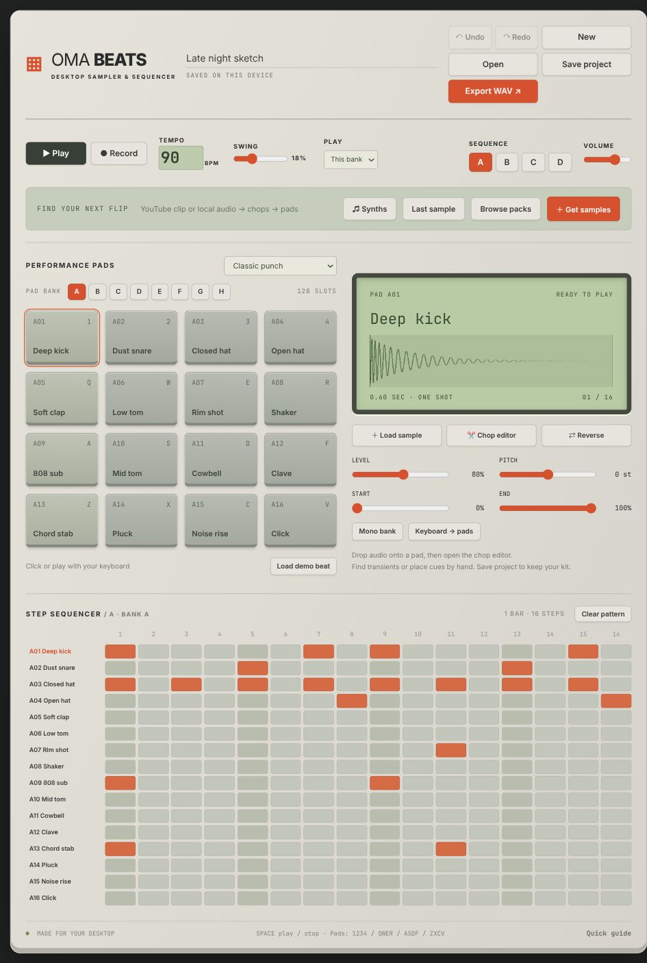 Oma Beats interface with performance pads, a sample waveform and step sequencer.